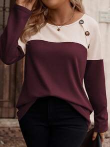 INAWLY Damen Farbblock Rundhals Langarm Oversize T-Shirt, mit dekorativen Knöpfen und strukturiertem Karostoff, Herbst/Winter Grafik T-Shirts Damen Tops für Frühlingsoutfits