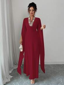 Rafferiza 女士纯色优雅端庄 V 领刺绣开叉长袖超长连衣裙，适合宴会、日常穿着，简约 - 紅色 - 查看 5