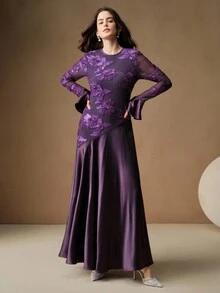 Anewsta 女式优雅纹理拼布伞形下摆连衣裙，适合派对和宴会，春秋季 - 紫色 - 查看 4