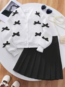 2件套女孩情人节粉色蝴蝶结白色夹克和粉色百褶裙 - 黑與白 - 查看 1