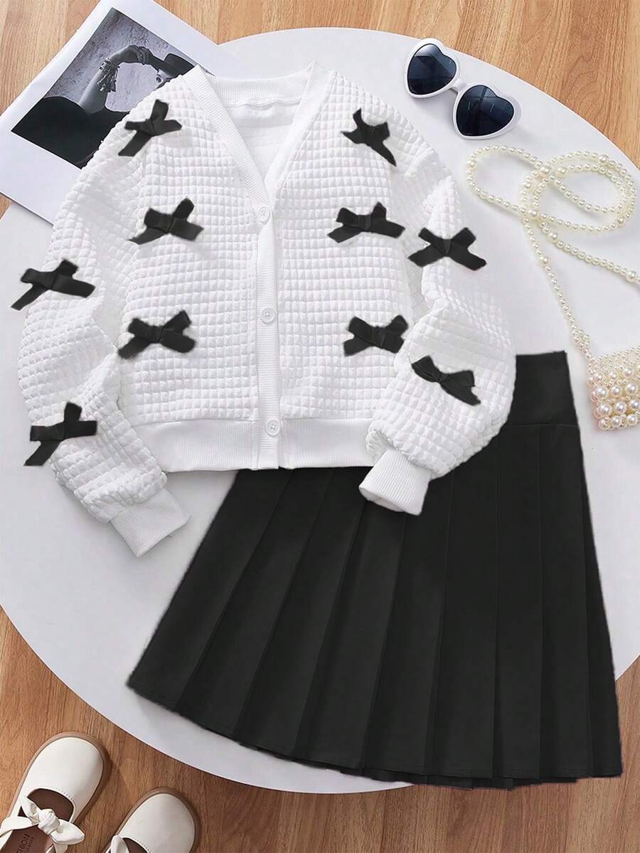 2件套女孩情人节粉色蝴蝶结白色夹克和粉色百褶裙 - 黑與白 - 查看 1