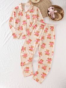 2pcs Girls Casual Khaki Cartoon Bear Print Long Sleeve Top And Pants Comfortable Loungewear Set, Spring/Autumn Fall Winter - Apricot - View 3
