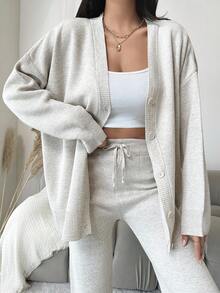 EURMUSE Drop Shoulder Cardigan & Knit Pants - Beige - View 3