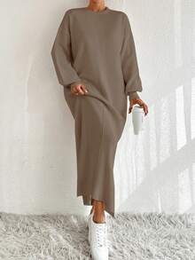 EURMUSE 1pc Drop Shoulder Sweater Dress, Casual Solid Color For Autumn/Winter Daily Wear - Camel - View 3
