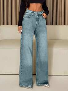 EURMUSE Jean gris clair taille haute 100% coton pour femme - Jean clair - Voir 6