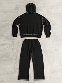 ROMWE MEN Street Life Men's Contrast Stitching Hoodie Set - Black - View 3