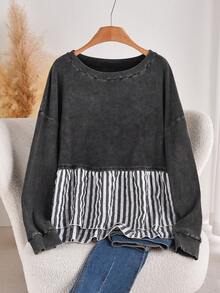 CosyJoli Plus Size Casual Contrast Striped Patchwork Washed Round Neck Long Sleeve T-Shirt Spring Casual Mother's Day Fall - Black - View 7