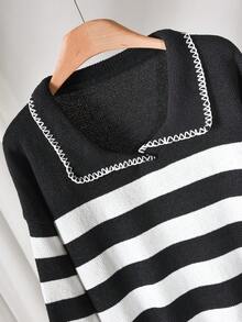 CosyJoli Suéter de punto minimalista con cuello vuelto, bloque de color y rayas en blanco y negro, de estilo francés elegante y casual, para mujeres de talla grande, ropa de otoño e invierno para mujeres