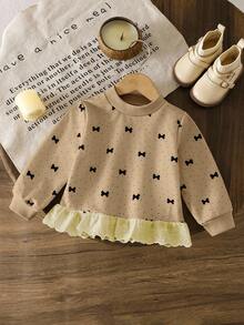SHEIN Baby Girl Fashionable Embroidered Ruffle Hem Polka Dot Bow Print Sweatshirt Fall Winter