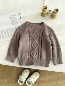 Áo len dệt kim cáp cổ tròn tay raglan trơn màu cho bé trai - Cà phê nâu - Xem 6
