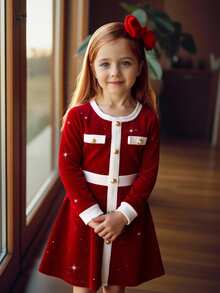 SHEIN Kleine Mädchen Kleid - eine Kombination aus retro, süß, modisch und elegant. Ein glänzendes paillettenverziertes Samtkleid mit kontrastierenden Farbflächen und langen Ärmeln, mit funkelnden herzförmigen Pailletten. Ein lässiges, simples und elegantes Kleid, geeignet für die Hochzeitssaison, damenhaft für Jungen, Herbst- und Winterstil, geeignet für Weihnachten, Partys, den Alltag, Geburtstagskleider, Prinzessinnenoutfits, Schwester-Schwester-Matching-Styles. - Rot - Übersicht 5