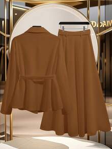 GlowEve Women's Elegant Single-Breasted Jacket And Skirt 2 Pieces Set, Suitable For Commuting In Autumn - Brown - View 2