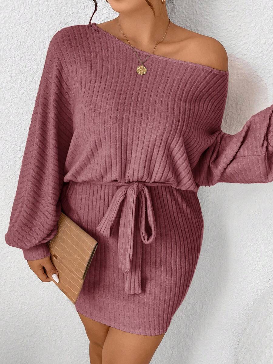 SHEIN Frenchy Plus Size Solid Color Crew Neck Ribbed Elegant Long Sleeve Dress - Burgundy - View 1
