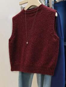 Everyssa 女式休闲纯色圆领毛衣背心 - 酒紅色 - 查看 2