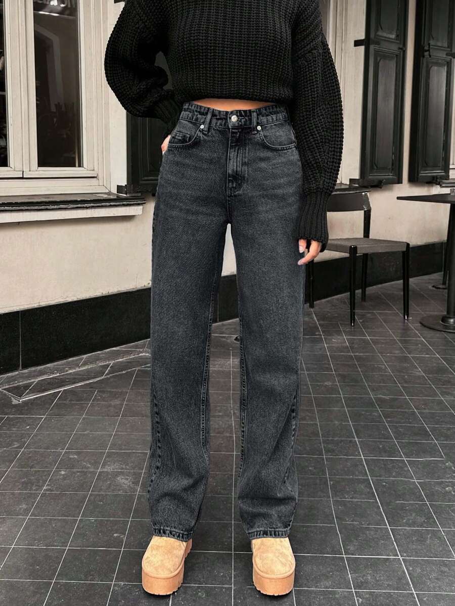 100%纯棉女式休闲宽松口袋直筒牛仔裤 - 淺灰色 - 查看 1