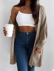 EURMUSE Cárdigan de plumero con doble bolsillos de manga murciélago tejido de canalé - Marrón Mocha - Ver 3