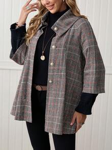 LanaWest Women's Gray Traceable Plaid Fabric High Collar Lapel Metal Button Design Loose Hem 3/4 Sleeve Elegant Classy Thanksgiving Halloween Streetwear Casual Boho Autumn/Winter New Fashion Versatile Loose Woolen Jacket - Orange - View 4