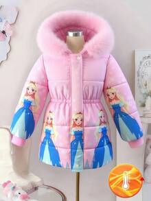 SHEIN Tween Girl Sweet Princess Style Pink Fur Collar Fashionable Mid-Length Drawstring Hooded Padded Coat, Winter