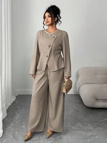 Elenzga 2pcs Plus Size Women Elegant Shell Ribbon Decor Round Neck Button Long Sleeve Jacket And Straight Leg Casual Pants Set - Khaki - View 6