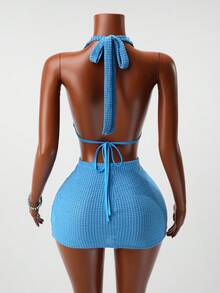 Sirith 夏季新款质感度假女装休闲连衣裙短款连衣裙性感后背吊带贝壳装饰适合沙滩度假约会 - 藍色 - 查看 2