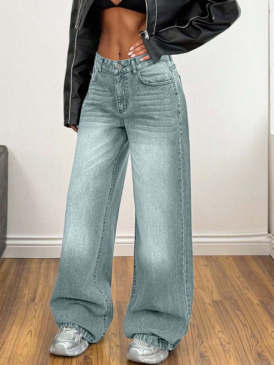 SHEIN Cottnline Low Waist Wash Detailed Wideleg Jean - Light Wash - View 1