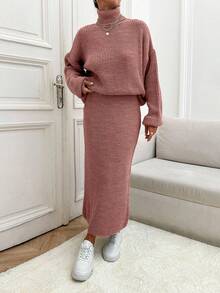 EURMUSE Maglione oversize casual a collo alto con maniche doppie e spalle scoperte, e gonna lunga aderente a coste - set di 2 pezzi