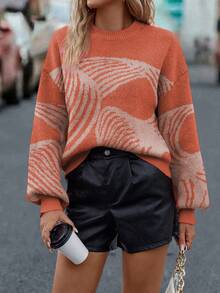 SHEIN LUNE Áo len dài tay hở vai họa tiết thường ngày cho nữ, Thu/Đông - trái cam - Xem 5