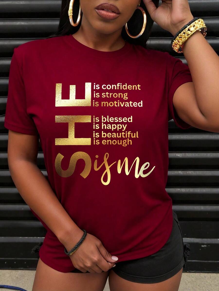 INAWLY Ladies' T-Shirt With Combined English Letter And Graphic Print For New Year Clothes Graphic Tees Women Tops - Burgundy - View 1