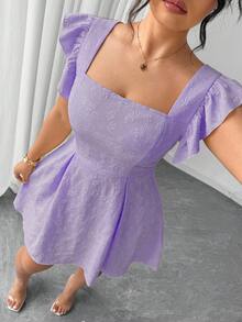 Elenzga Đầm suông tay phồng cổ vuông màu trơn cỡ lớn, eo nhún bèo sang trọng - Màu tím - Xem 1
