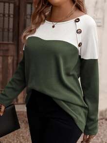 EMERY ROSE Women's Plus Size Round Neck Long Sleeve Colorblock T-Shirt With Decorative Buttons, Small Plaid Textured Fabric, Autumn/Winter - Multicolor - View 5