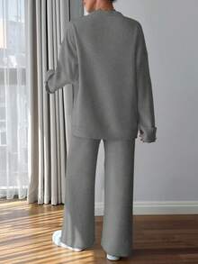 EURMUSE Women Button Detailed Sweater And Pant Set - Dark Grey - View 2
