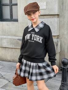 青少年女孩二合一马球领运动衫和裙子套装 - 黑色 - 查看 7