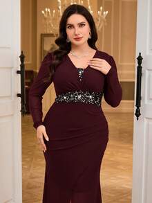 Modelyn Vestido plus size elegante com strass e cintura dividida, manga comprida, outono - Rosa Quente - Ver 4