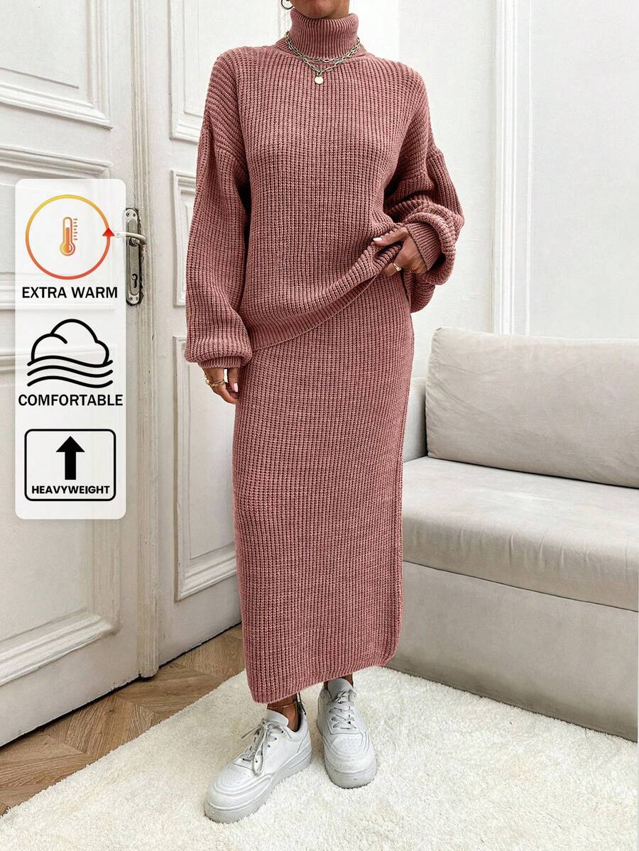 EURMUSE Maglione oversize casual a collo alto con maniche doppie e spalle scoperte, e gonna lunga aderente a coste - set di 2 pezzi