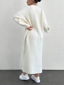 EURMUSE Robe pull ample à col rond et épaules dégagées unicolore pour femme, convient pour l'automne/hiver - Blanc - Voir 2