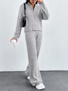 EURMUSE Cardigan com zíper e ombros caídos e calças de malha - Cinza claro - Ver 4