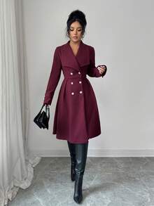 SHEIN Elenzya Women's Double-Breasted Lapel Elegant Casual Street Commute Business Romantic Date Party Christmas Coat, Burgundy, Autumn/Winter - Burgundy - View 5
