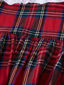 女童荷叶边蝴蝶结蕾丝领格子连衣裙，适合春秋季 - 紅色 - 查看 6