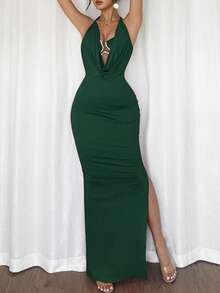 Rafferiza 女士优雅露肩露背金属花朵性感镂空紧身长裙，红色，约会、情人节、派对 - 綠色 - 查看 4