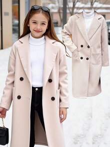 SHEIN Tween Girls Lapel Neck Drop Shoulder Double Breasted Dual Pocket Overcoat, Late Fall Casual Double Button, Pocket Drop Shoulder Lapel Regular Fit Beige Plain Overcoats, Casual Daily Wear Girl Coat Tween Dress Coat Fall Coat For Tween Girls Girl Winter Clothes - Apricot - View 14