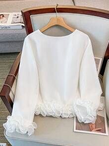 GlowEve CURVE Plus Size Women Round Neck Long Sleeve Jacket, Versatile Minimalist Design Suitable For Autumn/Winter Daily Commute, Ruffle Cuff Detail - White - View 2