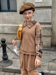 Bộ áo nỉ cổ polo và chân váy 2 trong 1 cho bé gái - Cà phê nâu - Xem 6