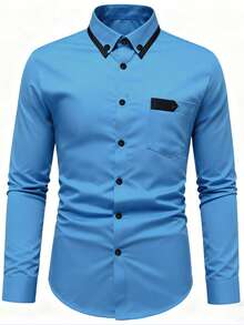 Manfinity Mode 男士商务拼色胸前带设计长袖衬衫 - 藍色 - 查看 3