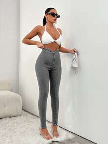 EURMUSE 97%纯棉女式高腰修身开衩牛仔裤 - 灰色 - 查看 5