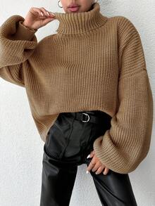 EURMUSE Women's Casual Solid Color Drop Shoulder Loose Turtleneck Sweater, Autumn/Winter - Unta - View 6