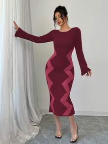 Elenzga Women's Sweater Dress With Flare Sleeves - Burgundy - View 7