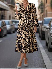 SHEIN Clasi 女士长款豹纹连衣裙，适合秋冬季通勤、外出、聚会 - 彩色 - 查看 5