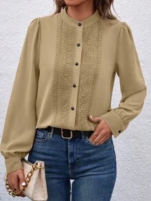 SHEIN LUNE 女式优雅复古纯色撞色蕾丝灯笼袖宽松衬衫，春秋 - 卡其色 - 查看 4