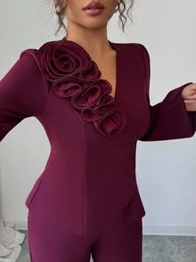 Elenzga Elegancki damski bordowy top z wiązaniem w talii i kwiatowym patchworkiem w stylu francuskim, w kształcie litery A, z długim rękawem i rozszerzanymi rękawami, 2-częściowy komplet, jesień/wiosna