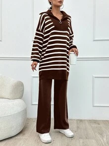 SHEIN Tall 条纹灯笼袖毛衣和针织裤 - 棕色 - 查看 4